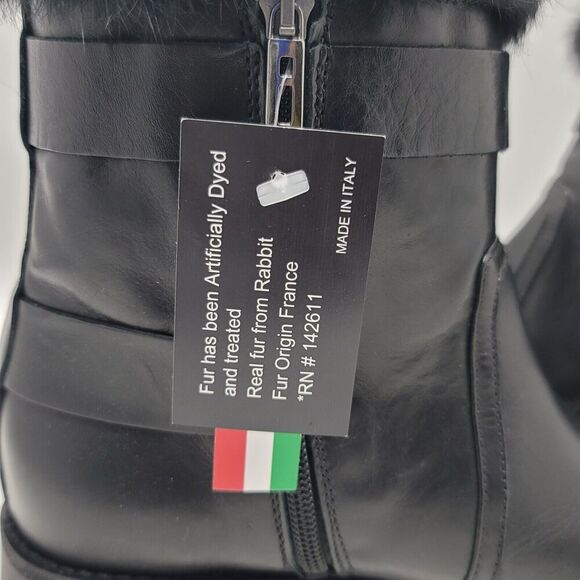 Charles David Reno Black Leather Faux Fur Buckle Side Zip Mid Ankle Boots Sz 38 - Picture 6 of 14